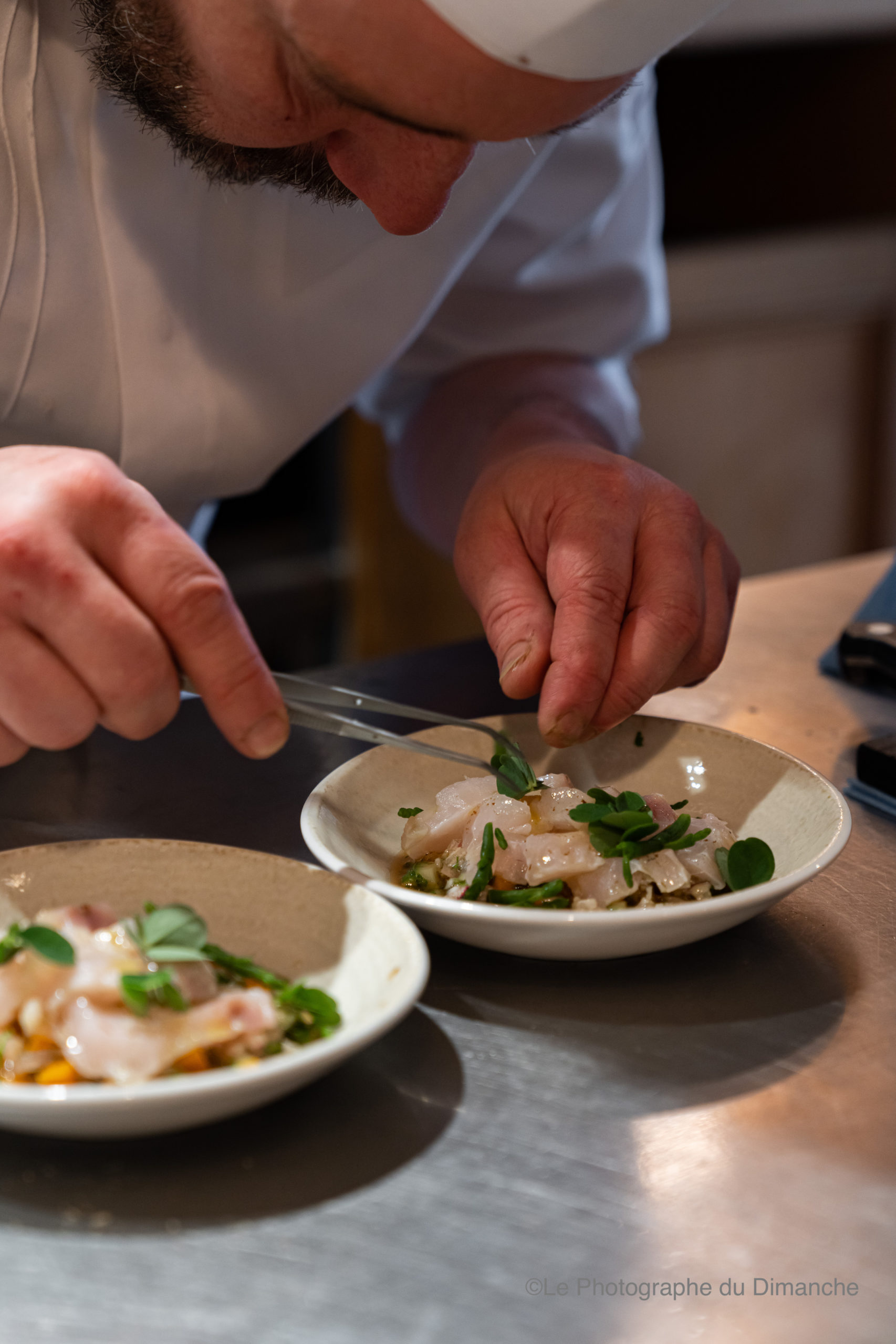 Le Chef en train de dresser un magnifique carpaccio de poisson de ligne, pour les menus en plusieurs services de la Table du Chef